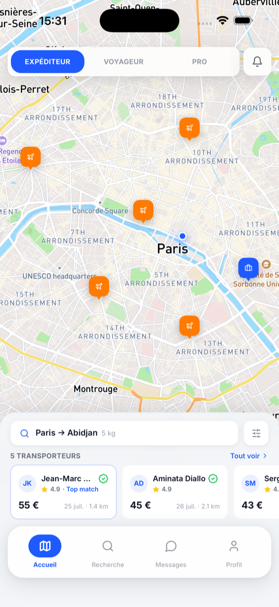Carte des transporteurs près de vous dans l'app AlloColi