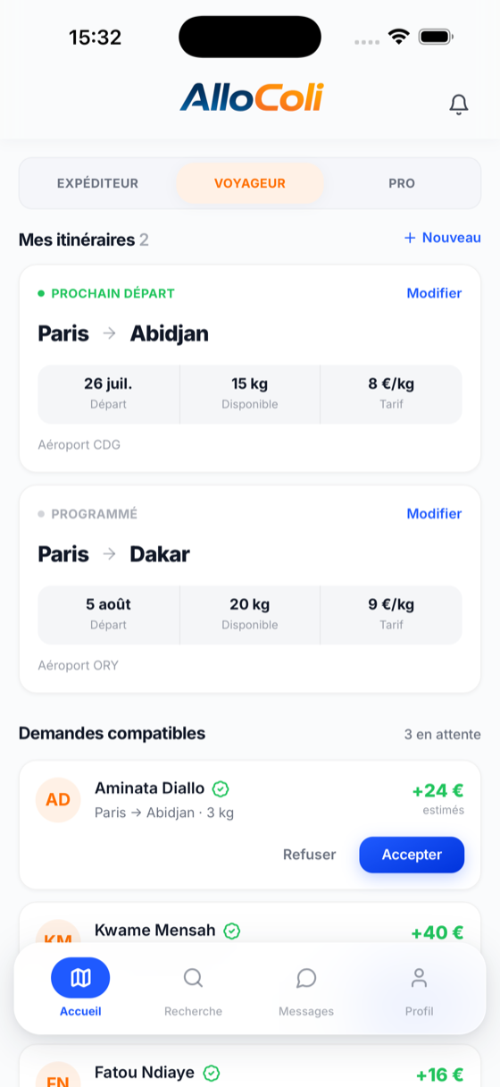 Espace voyageur avec itinéraires et demandes